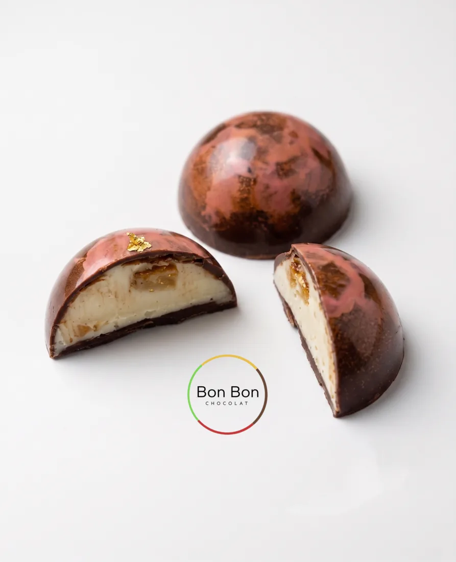 Bombón de chocolate oscuro cortado mostrando su relleno